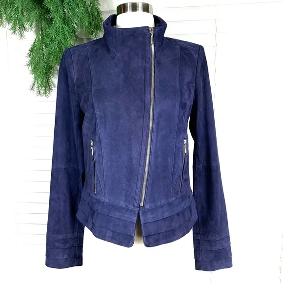 🚫SOLD! NWT🤩|•WHBM•| Navy Suede Moto Jacket* - Picture 2 of 16
